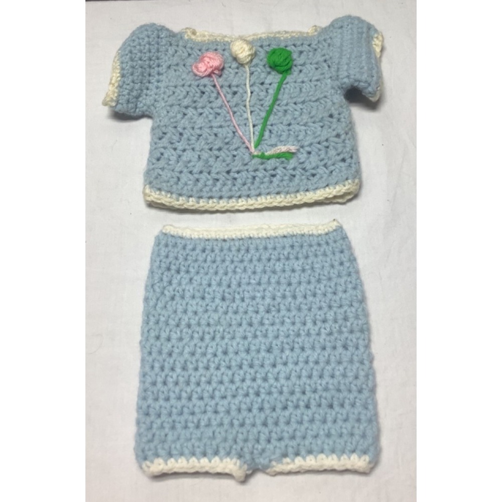Handmade Light Blue Crocheted Baby Doll Outfit  Shirt and shorts